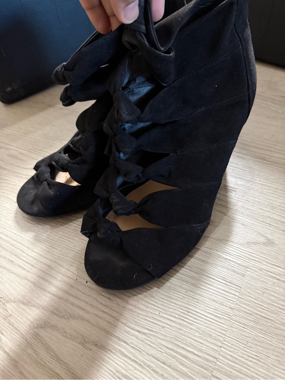 Womens black suede open-toe ankle boots Size 10 W